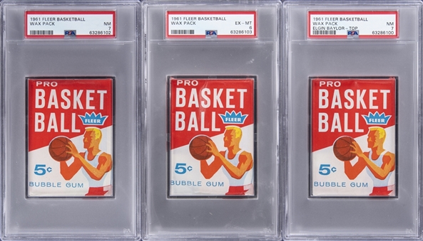 1961 Fleer Basketball Unopened & Sealed Wax Pack Trio - (3) All PSA Graded 